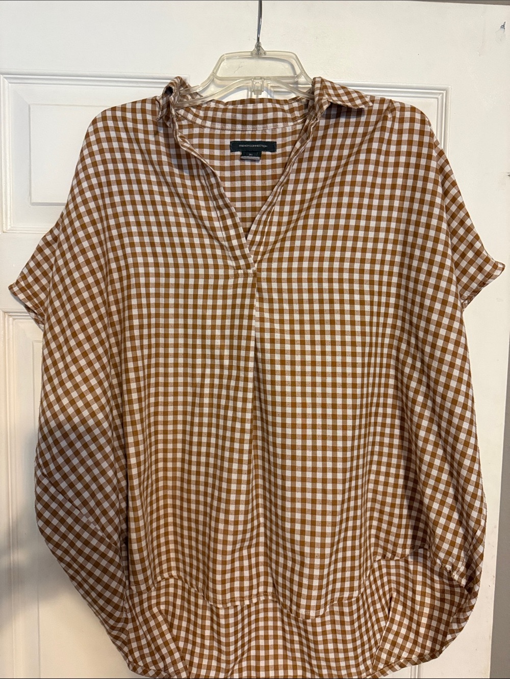 French Connection Brown and White Gingham V-Neck Blouse